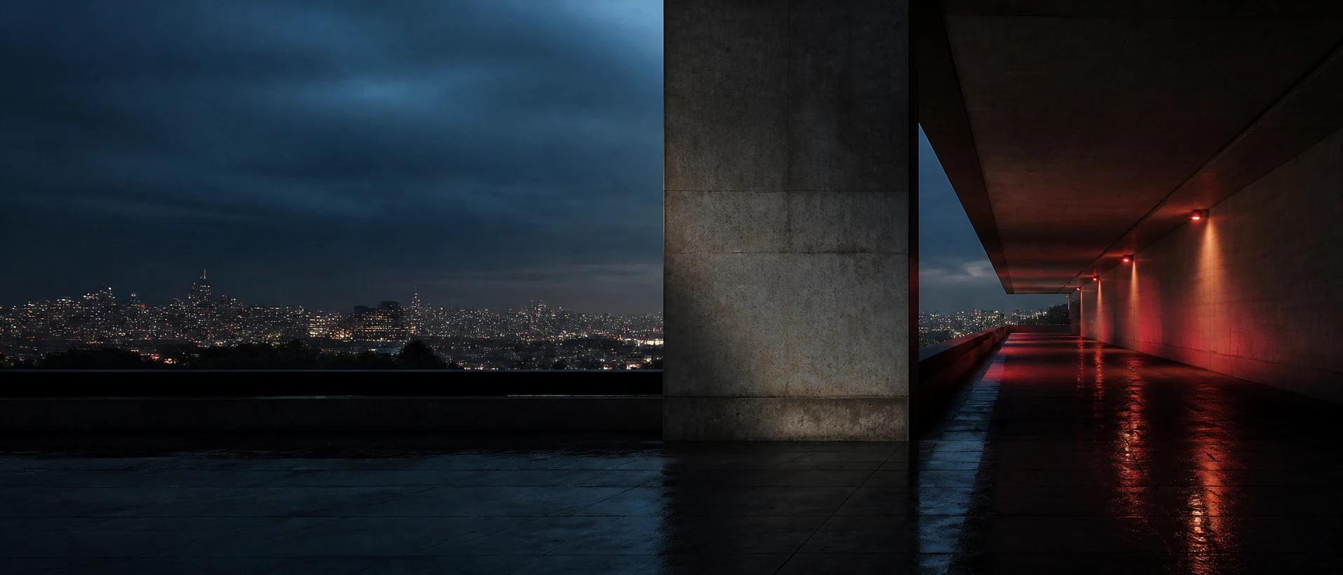 Arquitetura brutalista sobre São Paulo ao anoitecer depois da chuva